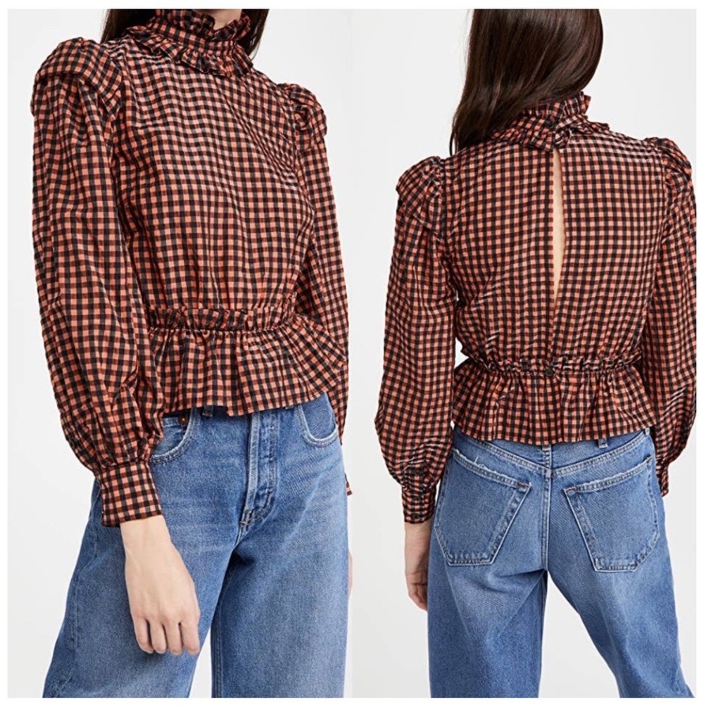 GANNI Gingham Ruffle Seersucker Crop Top Size 44 US 14